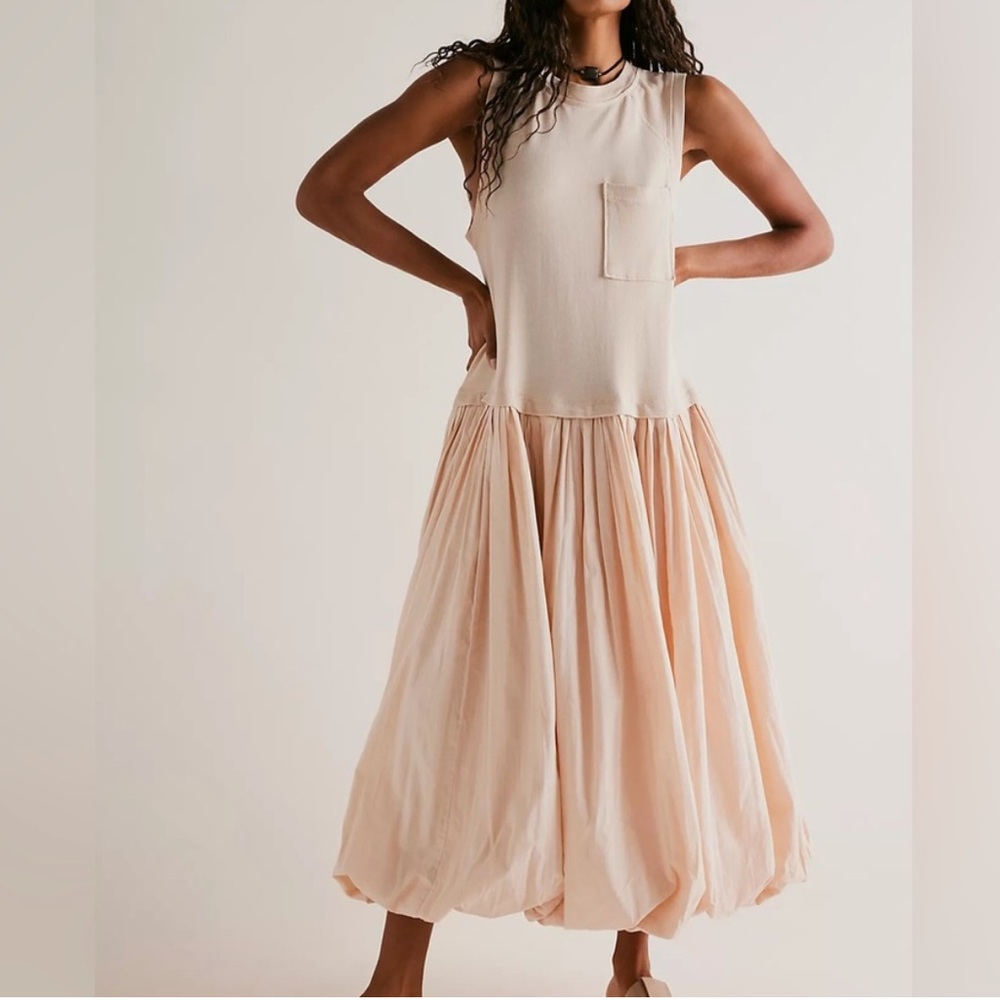 Free People Calla Lily Mixed Media Maxi Dress Pockets Drop Waist Bubble Skirt - Picture 3 of 16
